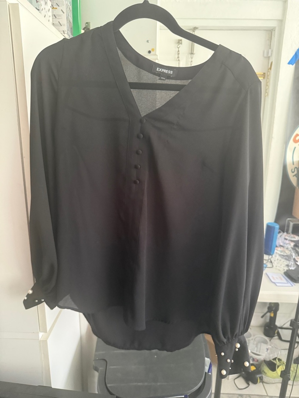 Express Black V-Neck Button-Front Blouse with Pearl Cuffs